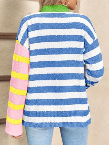 Image of Saodimallsu Womens Striped Cardigan Sweaters V Neck Open Front Button Up Color Block Fuzzy Loose Knit Coats