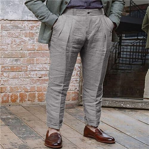 Men's Vintage Linen Pants Lightweight Buckle Back Straight Flat Front Chino Pleated Front Suit Trousers Office Dress Pants2