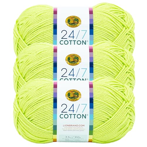 Image of Lion Brand Yarn, 24 /7 Cotton Yarn, Lime, Green, 3 Pack | Light Worsted 100% Mercerized Cotton Yarn for Crochet, Knitting, Craft, 185 Yards of Natural Fiber for Tees, Bags, Dishcloths