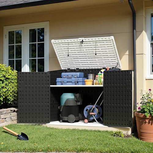 Image of Greesum Outdoor Trash Can Storage Shed, 34 Cu.ft Waterproof Horizontal Storage Shed, Portable Horizontal Resin Storage Shed for Garden, Backyard, Patio, Dark Black