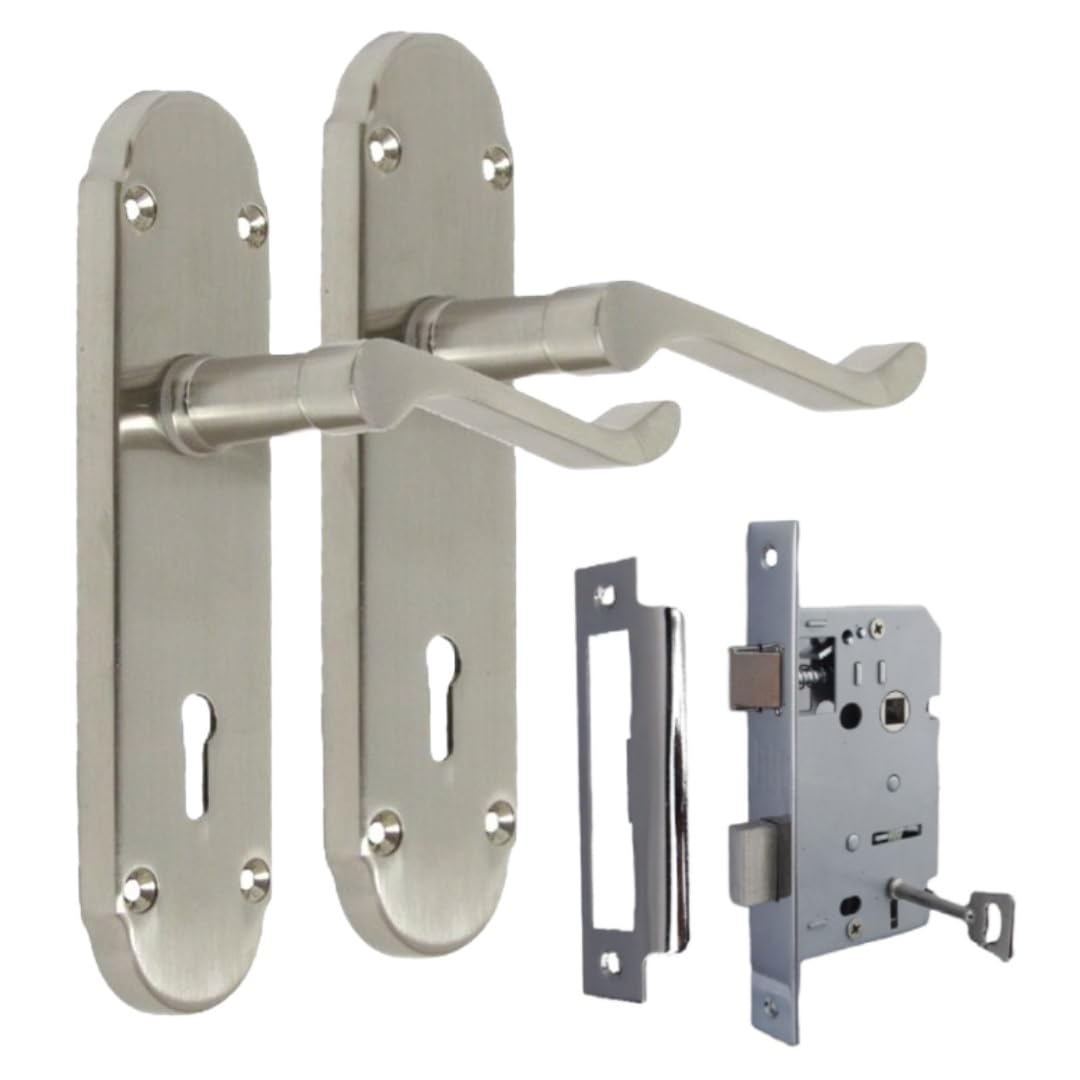 Epsom Door Handle Silver - Satin Nickel Internal Door Handles - Door Handles Internal Sets Including Bathroom Sash Lock, Satin Door Handle Set For Internal Doors, Door Handle In Satin, 170Mm X 42Mm