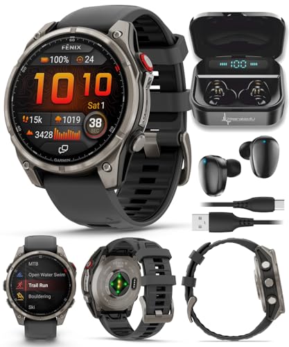 Image of Garmin Fenix 8 Pro 47mm AMOLED Sapphire Premium Connected Multisport GPS Smartwatch, inReach Technology, Titanium with Graphite Silicone Band w /Black Earbuds Bundle
