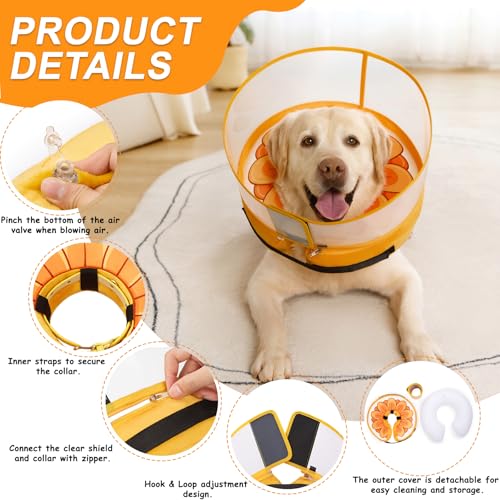 Image of Inflatable Dog Cone Collar with Enhanced Anti-Licking, Soft Neck Donut for Dogs Cats, Recovery Pet Cone Collar After Surgery for Large Medium Small Dogs (Yellow Flower, Medium+)