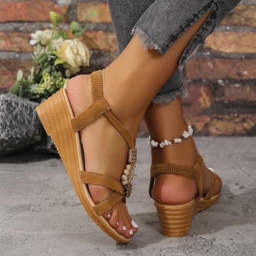 Wedge Sandals for Women Dressy Casual Boho T-Strap Buckle Pearls Sandals Elastic Band Platform Beach Shoes4