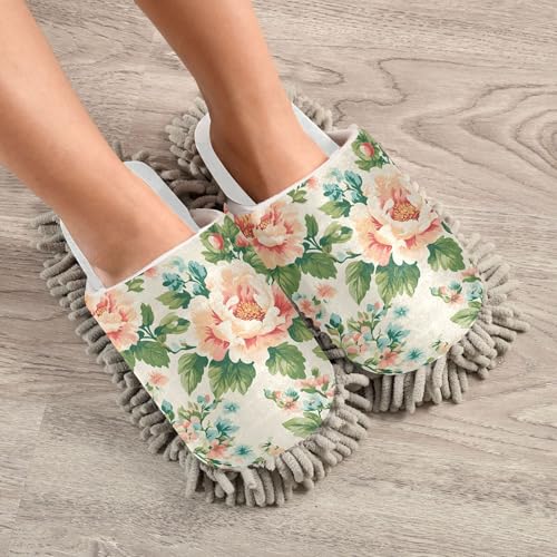 Burbuja Vintage Floral Mop Slippers Microfiber Cleaning Slippers Washable Cleaning Dust Slippers for Women Men Home Kitchen, Free Your Hands, 5-84
