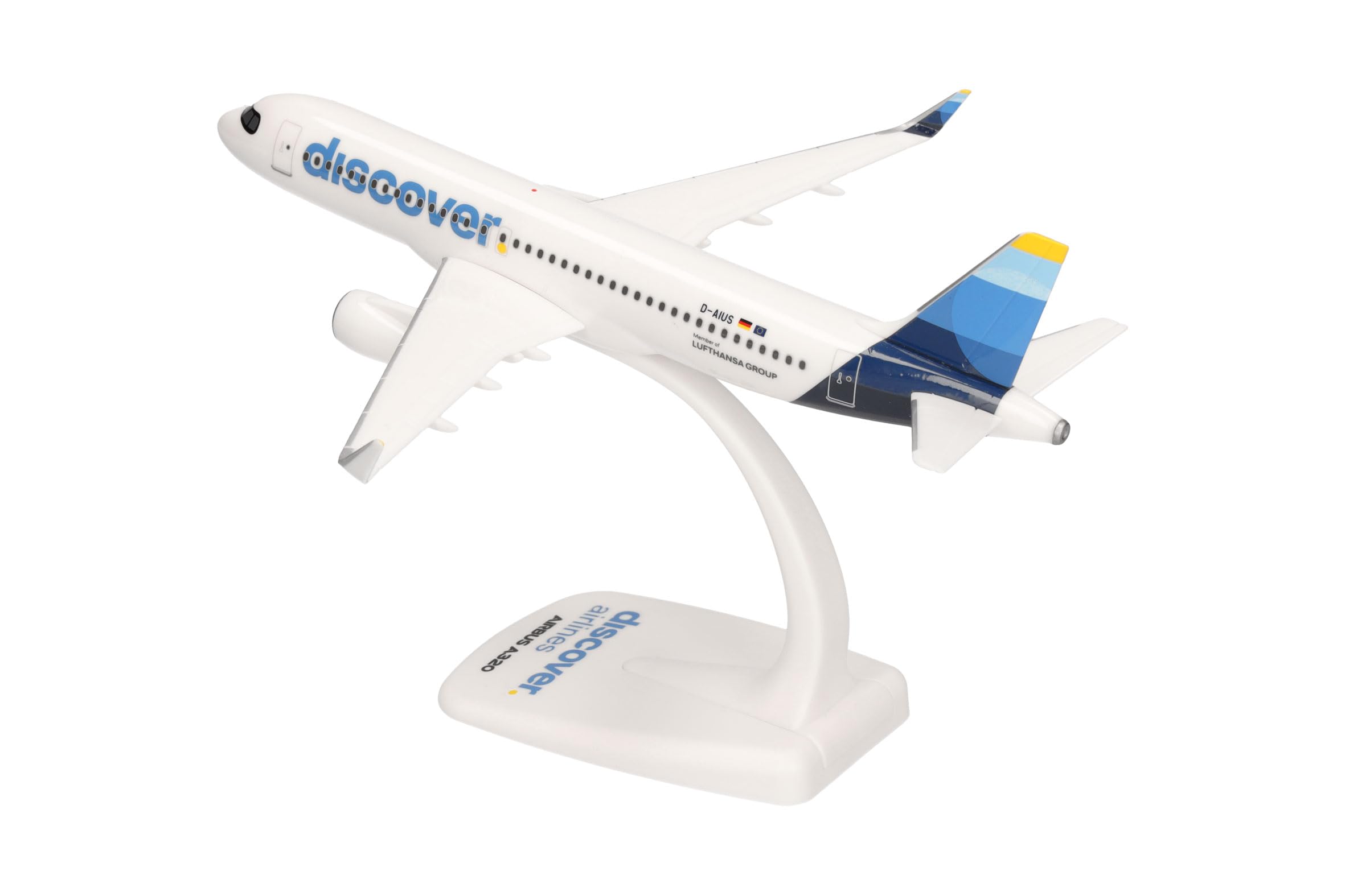 Herpa modello aereo Snap-Fit Airbus A320 Discover Airlines, miniatura in scala 1:200, pezzo da collezione, con supporto, plastica.