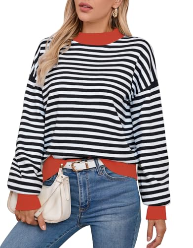 Alsol Lamesa Women's 2025 Fall Winter Mock Neck Long Sleeve Striped Color Block Cute Heart Ribbed Knit Pullover Sweaters