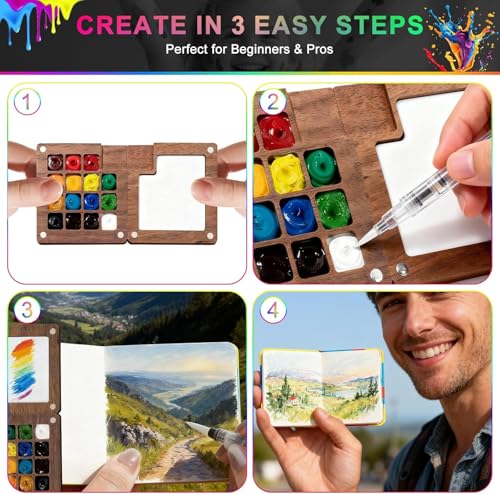 Image of Mini Watercolor Paint Set,24 color Paints, 15 Grids Portable Wooden Travel Palette, Sketchbook & Copper Clip, Metal Clip -For Beginners, Artists & Painting Enthusiasts