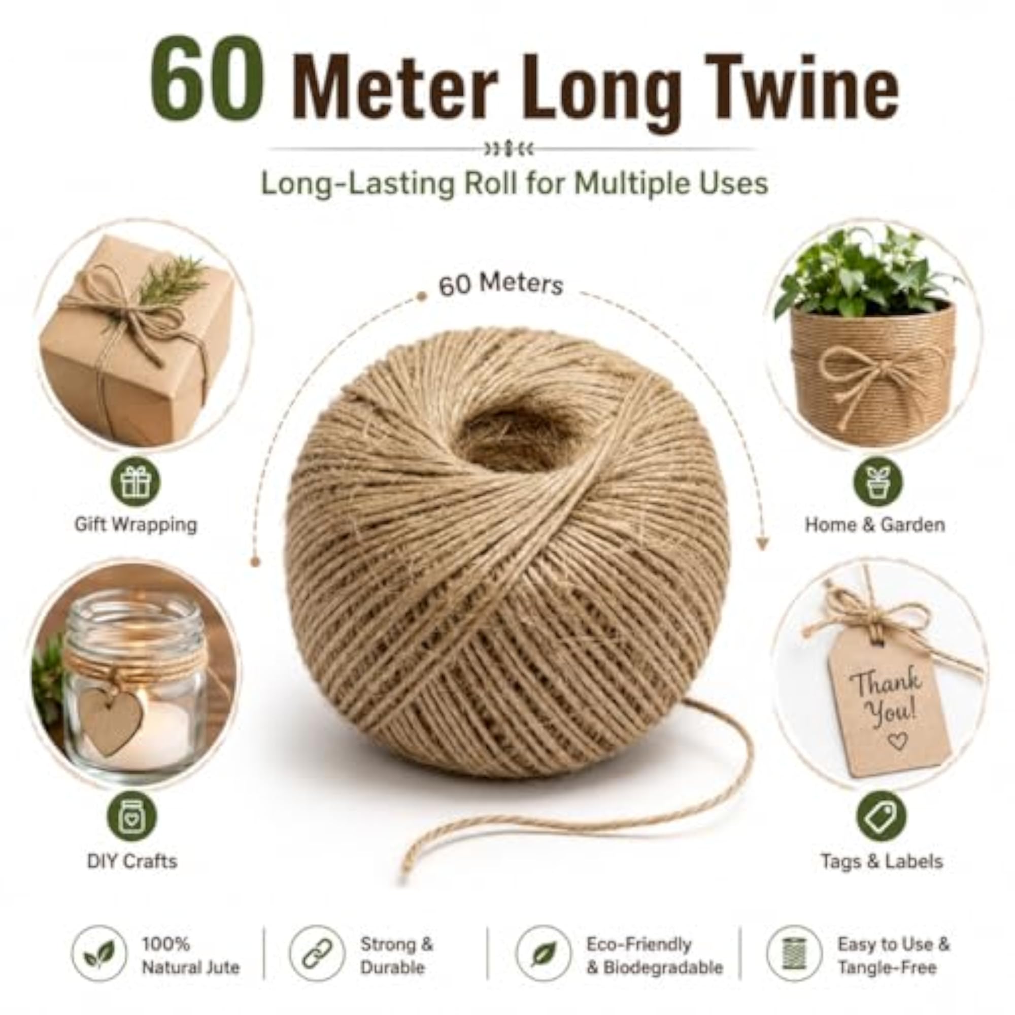 Natural Soft Jute Twine Rope, 60 Metres, Eco-Friendly