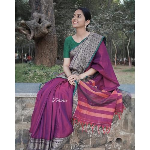 Image of Narayanpet Pure Cotton Avani Border Saree for Women with Running Blouse | Tassels | Traditional Woven Solid Design | Handloom Weave