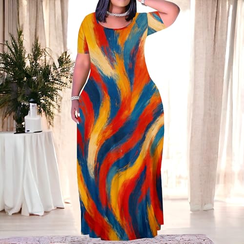 Image of PinkPatty Plus Size Dress for Women Casual Crew Neck Short Sleeve Maxi Dress Oversized Summer Beach Dresses with Pockets