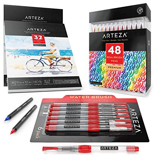 Arteza Watercolor Bundle (Real Brush Pens 48, Watercolor Pads, Water Brush Pens)