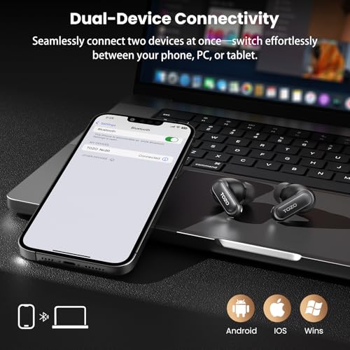Image of TOZO NC20 Active Noise Cancelling Wireless Earbuds, LDAC Hi-Res Sound Bluetooth Headphones, 6 Mics AI Call Ear Buds 80H Playtime, Dual Pairing, 32 EQ via App, IPX8 Waterproof, Wireless Charging Case
