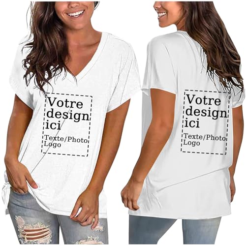 Tee Shirt Personnalisable Femme Recto/Verso avec Image, Texte et Logo – Ample T Shirt Personnalisé, Concevez Votre Propre Tshirt Col en V T-Shirt Manches Courtes Haut...