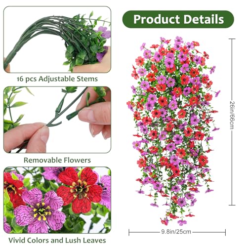 Image of Bassion 4 Pcs Artificial Hanging Flowers for Outdoors, Red Fuschia | Realistic fake silk flowers, UV resistant, faux plants, for outside home patio garden balcony yard front door porch decor