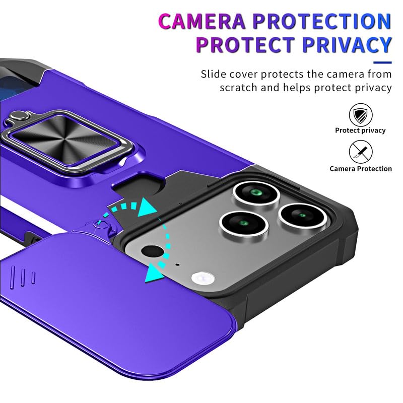 Image of LuxuryKase Shockproof Armor Case for iPhone 17 Pro Max | Slide Camera Cover | Hidden Card Slot | Rotating Ring Kickstand | Magnetic Car Mount Support | Military Grade Protection - Purple