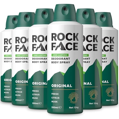 Rock Face Mens Body Spray - Original Fragrance Body Spray Deodorant for Men 200ml Fresh Citrus Scent Long Lasting Multipack of 6