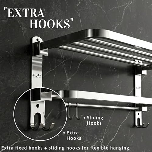 Image of Gloxy Premium 18 Inch Towel Holder in Bathroom - Stainless Steel Towel Rack & Folding Bathroom Hangers for Clothes with Chrome Finish - Wall Mounted Towel Stand with Multipurpose Hooks