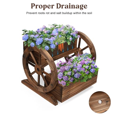 OIPRTGFJ Wooden Wagon Planter Box, Garden Planter with Wheels,Decorative Planter for Flowers Herbs Vegetables for Indoor & Outdoor Décor, Flower Cart for Patio Garden Balcony