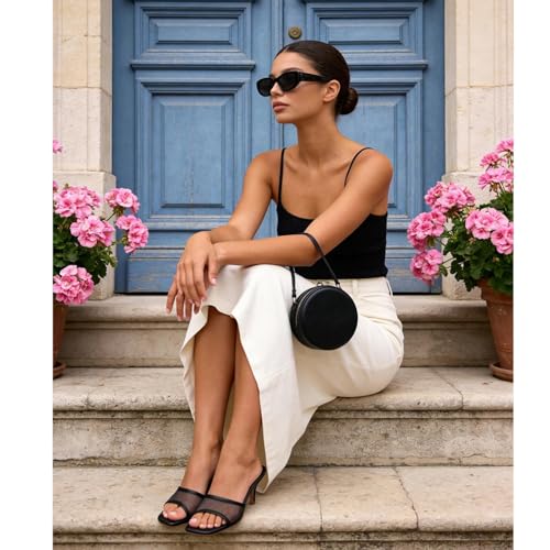Image of Dsevht Black Kitten Heel Sandals Stiletto Low Heels Slip On Slides Mule Sandal Square Open Toe Dress Shoes for Women