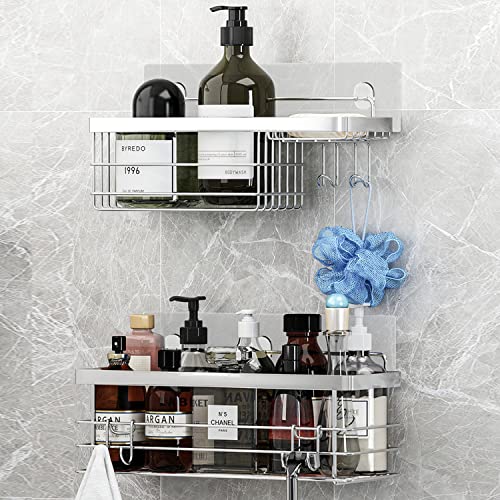 Product Image of the KESOL Shower Caddy and Soap Dish with Hooks Shower Shelf Organizer, No Drilling Adhesive Wall Mounted Bathroom Shelf, Rust Resistant Stainless Steel (2 Pack), Silver