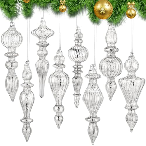 KEAGAN 8 piezas de decoración de árbol de Navidad de cristal de mercurio plateado, adornos de cristal para colgar, adornos de cristal surtidos de mercurio o árbol de Navidad, decoración vintage de