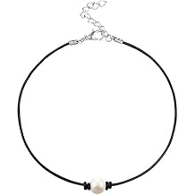 MJartoria Black PU Leather Cord Faux Pearl Choker Necklace Single Pearl Necklace