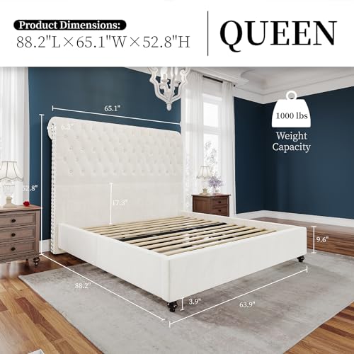 Bed-Frame-Queen-Size-Upholstered-Platform-Bed-with-528-Tall-Sleigh-Headboard-Button-Tufted-No-Box-Spring-Needed-Easy-Assembly-Cream Bed Frame Queen Size Upholstered Platform Bed with 528 Tall Sleigh Headboard Button Tufted No Box Spring Needed Easy Assembly Cream