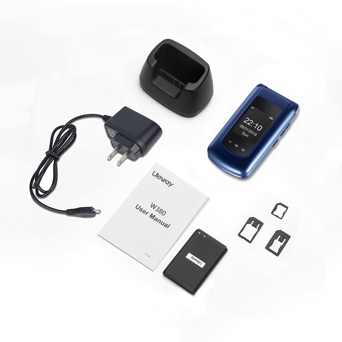 uleway Telefono Movil para Mayores, gsm Teléfono Móviles con Teclas Grandes, SOS Botón, Doble Pantalla de 2,4+1.77 Pulgadas, Base de Carga, Llamada Rápida, Sonido Fuerte de Radio (Azul)