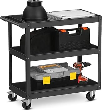 IRONMAX 3-Tier Utility Service Cart, 400 Lbs Heavy Duty Metal Rolling Trolley w/Ergonomic Flat Handle, Lockable 360 Swivel Wheels, Chic Mechanic Tool Cart for Garage Warehouse & Repair Shop