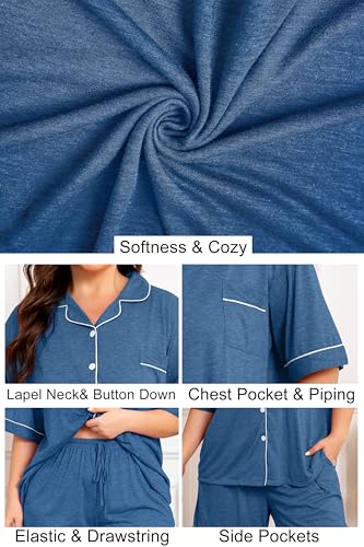 Image of Vozanet Women Plus Size Pajamas Button Down Rayon Softness PJS Classic Sleepwear Short Long Loungewear 2pcs with Pockets