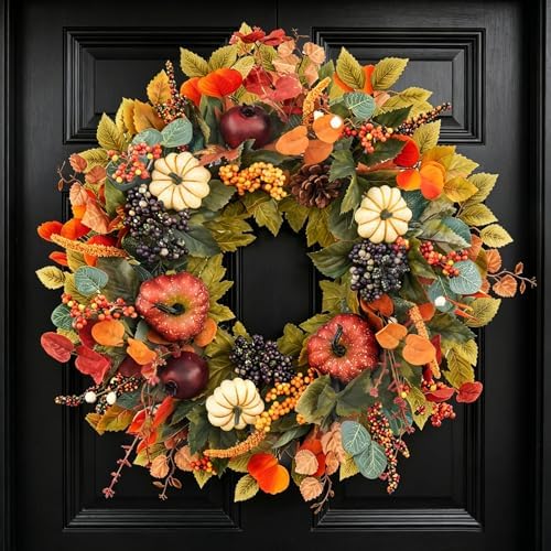 Fall Wreaths for Front Door Outside 24 Inch Autumn Wreath with Pu...