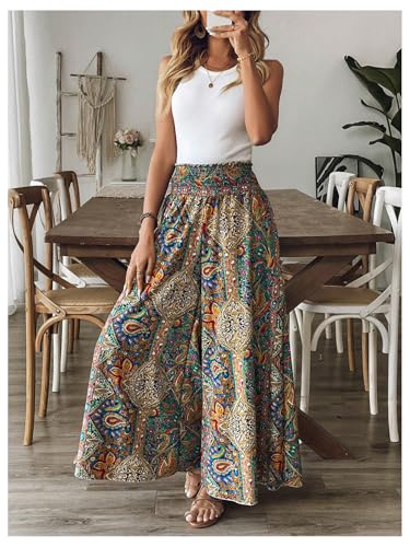 Women's Boho Paisley Print High Elastic Waist Loose Wide Leg Pants Vacation Holiday Palazzo Trousers4