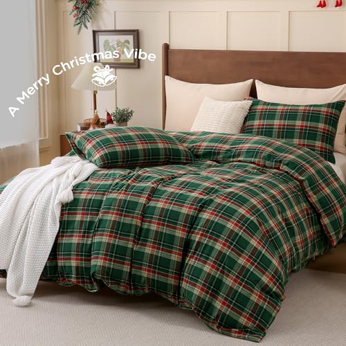Image of TOCOMOA Christmas Plaid Duvet Cover Set 100% Washed Cotton Like Linen Feel Super Soft Comfy 3 Piece Green Red Gingham Checkered Bedding Comforter Cover Set (Full 80 inchx90 inch, Comforter Not Included)
