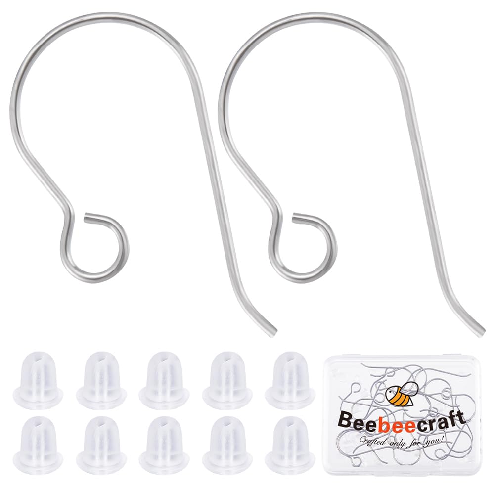 Beebeecraft 1 Box 20Pcs Hypoallergenic Pure Titanium Earring Hooks, Silver Fish Hook Ear Wires Metal Earring Findings with Loop and 20Pcs Ear Nuts for Dangle Jewellery Making DIY Supplies Kits