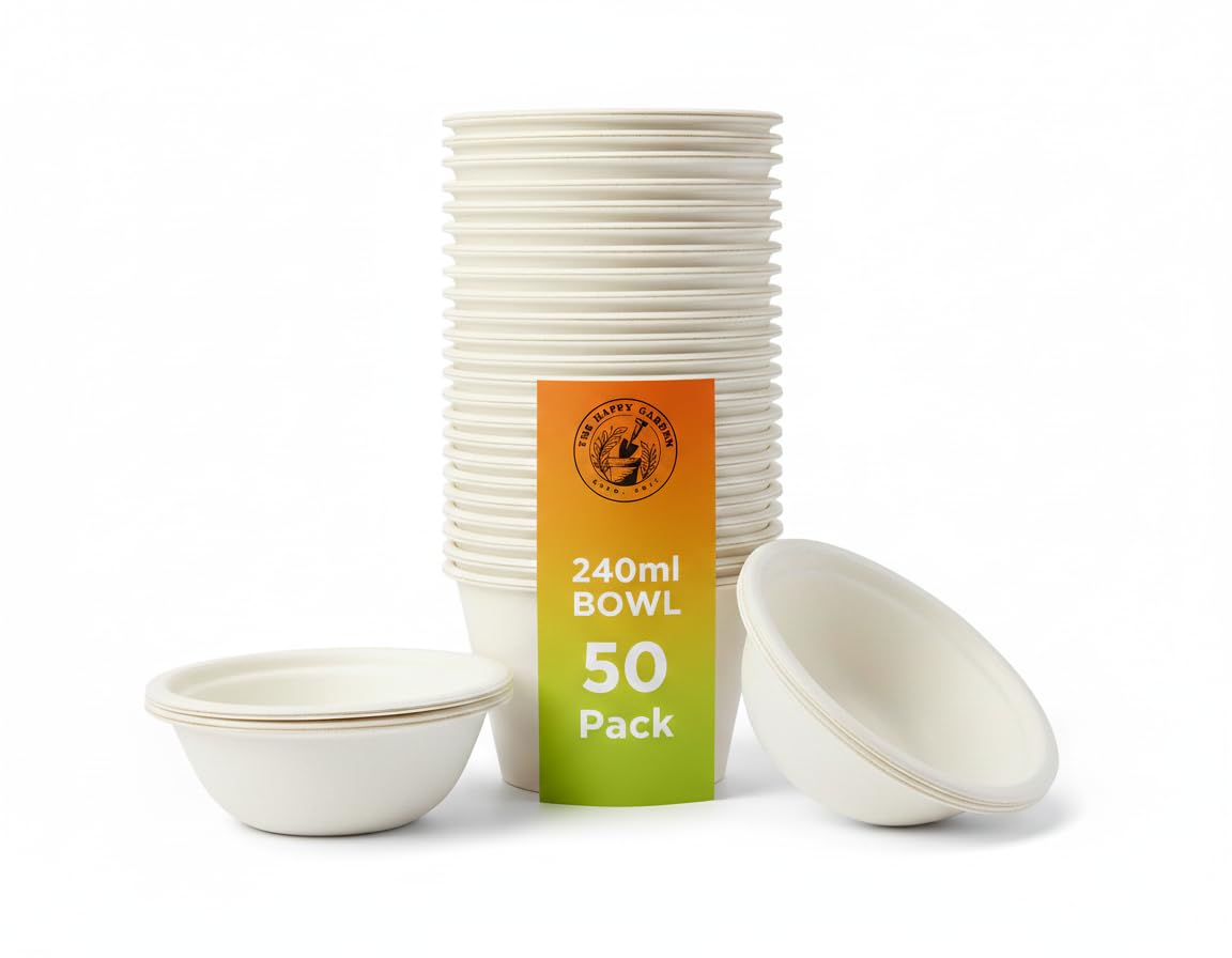 The Happy Garden Bagasse Bowls (240 ml, Pack of 50) - Disposable Compostable Sugarcane Paper Bowl, Heavy Duty, Microwave & Freezer Safe, Ideal for Parties