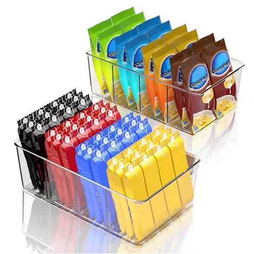 Finew Fridge Organiser Divided, 2 Pack Snack Organiser Bins, Stackable Storage Box with Removable Divider, Clear Practical Drawer Organization Container for Kitchen Cupboard Refrigerator - BPA-Free