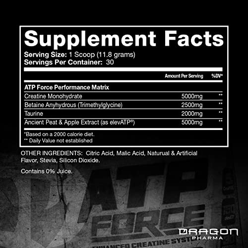 Dragon Pharma Atp Force Enhanced Creatine System, Stim-Free, Increase Lean Muscle Mass & Recovery, 5 Grams Of Creapure, Improves Blood Flow (30 Servings, Unflavored) #TOP1