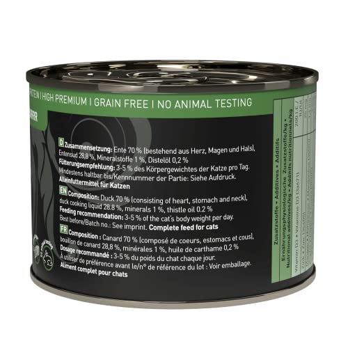catz finefood Purrrr Ente Monoprotein Katzenfutter nass N° 115, für ernährungssensible Katzen, 70% Fleischanteil, 6 x 200g Dose