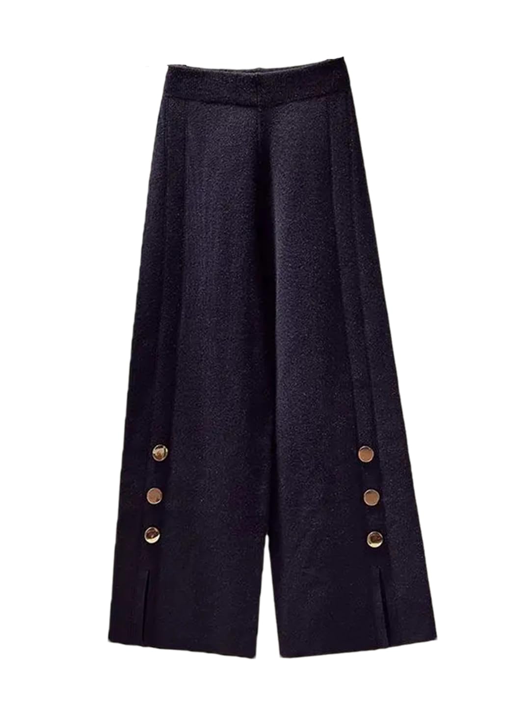 Women Warm Knitted Wide Leg Pants Elastic Waist Button Casual Split Straight Trousers