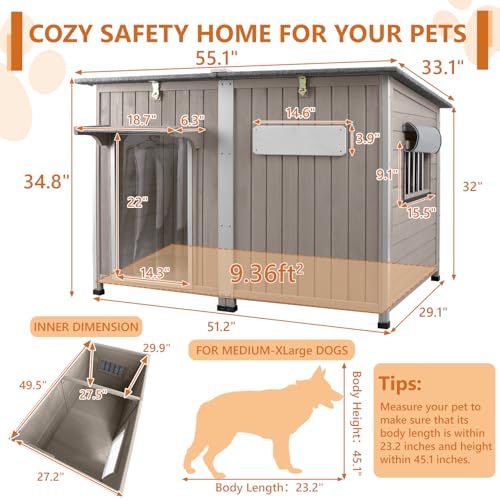 Ketive 55\"L Dog House Outdoor Large Breed Extra XL Wooden Dog House with Weatherproof Asphalt Roof, All-Around Iron Frame, Removable Floor, Openable Top Roof, Air Vents Window for Medium to Large Dogs