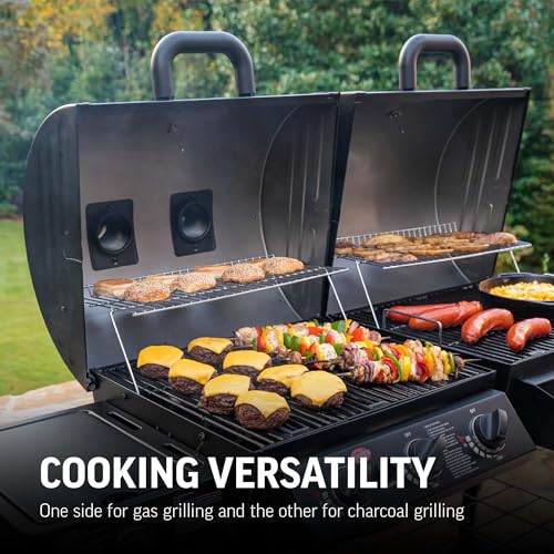 Image of Char-Griller Texas Trio 3-Burner Gas & Charcoal Grill and Smoker, Push Button to Ignite, Dual temperature Guages, Side Burner, Includes Side Firebox, 1,390 Cooking Square Inches, Black, Model# 3070