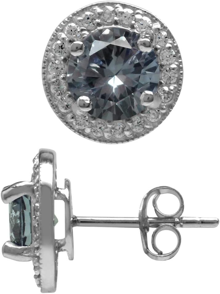 Silvershake 7mm Round Shape Simulated Color Change Alexandrite 925 Sterling Silver Halo Stud Earrings - Image 4