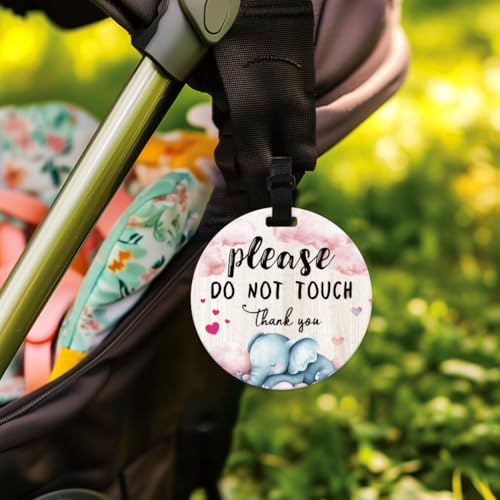 Image of 2 Pack Cute Elephant No Touching Signs Pink Stop No Touching Safety Sign for Family PVC Seat Signs-Stroller Tag with Hanging Strap and Clip for Car Accessories 5 Inches