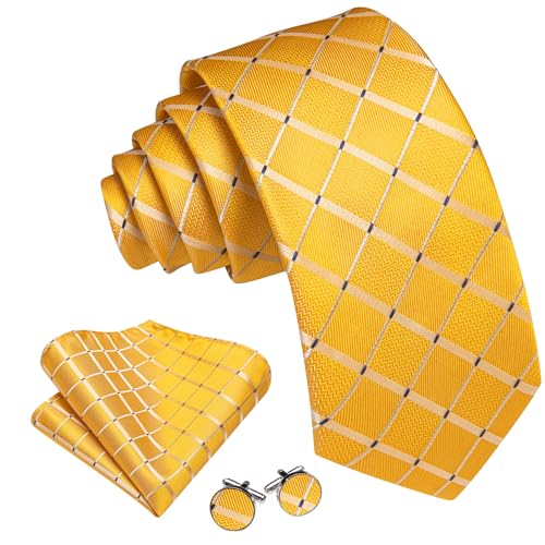 Image of Barry.Wang Mens Tie Set Plaid Check Neckties Formal Business Wedding Luxury Pocket Square Cufflinks