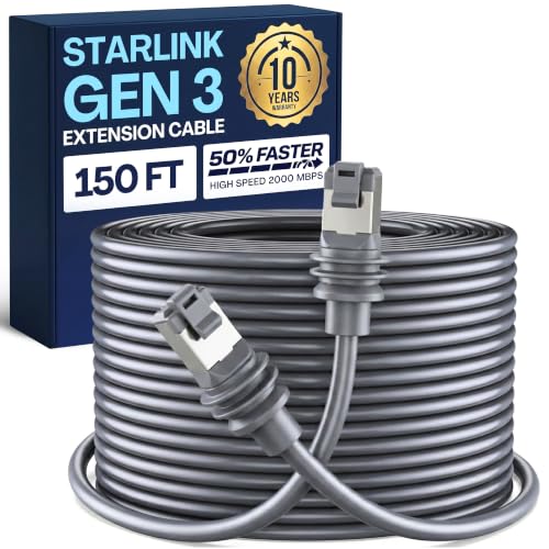 150FT/ 46M Starlink Gen 3 Cable 26AWG High-Speed Starlink Cable Cord Gen 3 and All Standard RJ45, IP67 Double Layer Waterproof Outdoor Extension Starlink Ethernet Cable, 10-Year Warranty