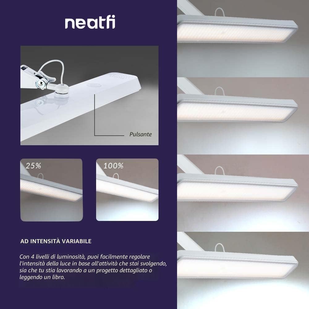 Neatfi XL Lampada da Lavoro LED per Tavolo Manicure, Hobby, Banco da Lavoro e Ufficio – Luce da Scrivania con Testa da 56 cm | 4 Livelli di Luminosità (Bianco, Non-CCT con morsetto)