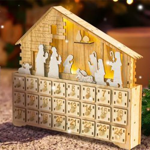 Calendrier de l'Avent bois durable crèche de Noël à tiroirs LED