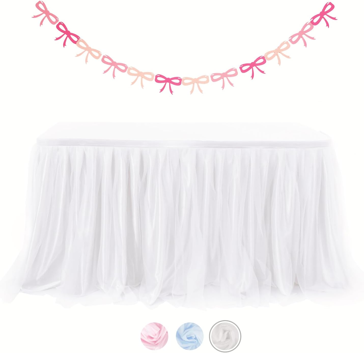 Phantomon 6ft Tulle Table Skirt for Baby Showers Ruffle Tutu Tablecloth for Rectangle or Round Tables, Desk Skirt for Birthday Party, and Dessert Table Decorations with Bow Banner Set (Blue)