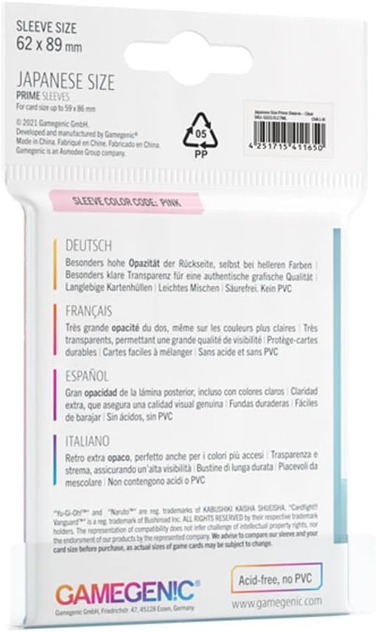 Gamegenic Prime Japanese Size Card Sleeves | 60 Pack of 62 mm by 89 mm Card Sleeves | Premium Quality Card Game Holder | Use with TCG and LCG Games | Clear Color | Made by Gamegenic